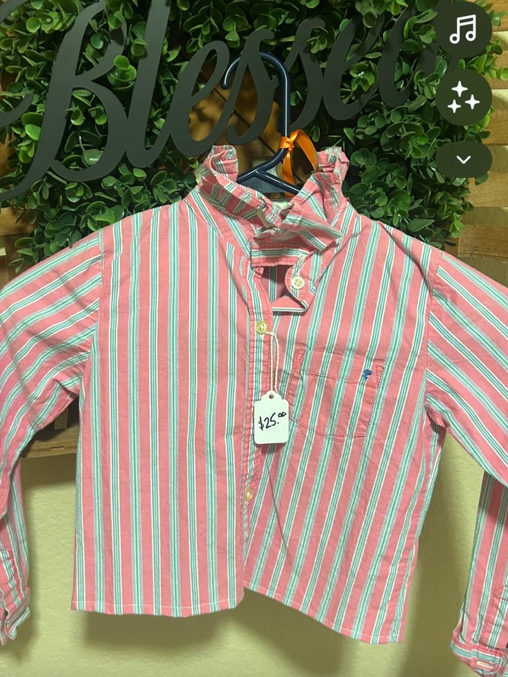 Girls Pink Striped Ruffled Collar Button-Up Shirt